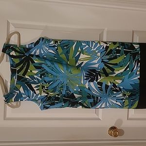 Blue, green and black print sleeveless dress. Size 14.